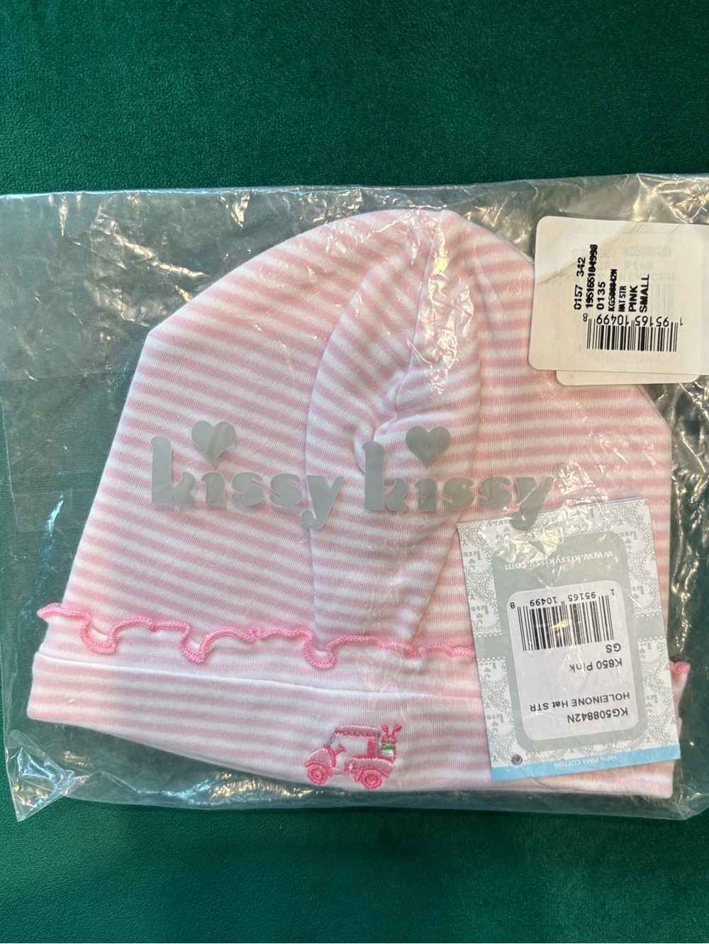 Kissy Kissy Pink & White “Hole in One” Baby Beanie—NEW